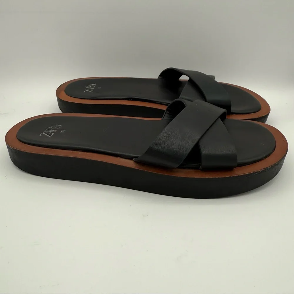 Women’s Zara Black Brown Minimal Flat Slip-On‎ Comfortable Strap Sandals Size 39